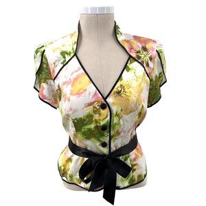 JS Collections Watercolor Floral Ribbon Belt Satin Silk Lined Blouse Top Size 12